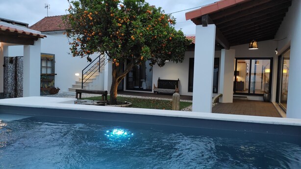 A swimming pool with a tree and a bench. - Laranjeira das Loiras (Obidos)
