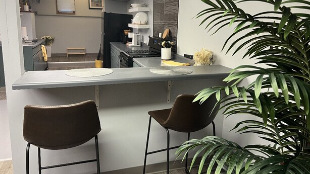 Eine moderne Küche mit Bar und zwei Barhocker, sowie eine große Küstertopf-Pflanze.