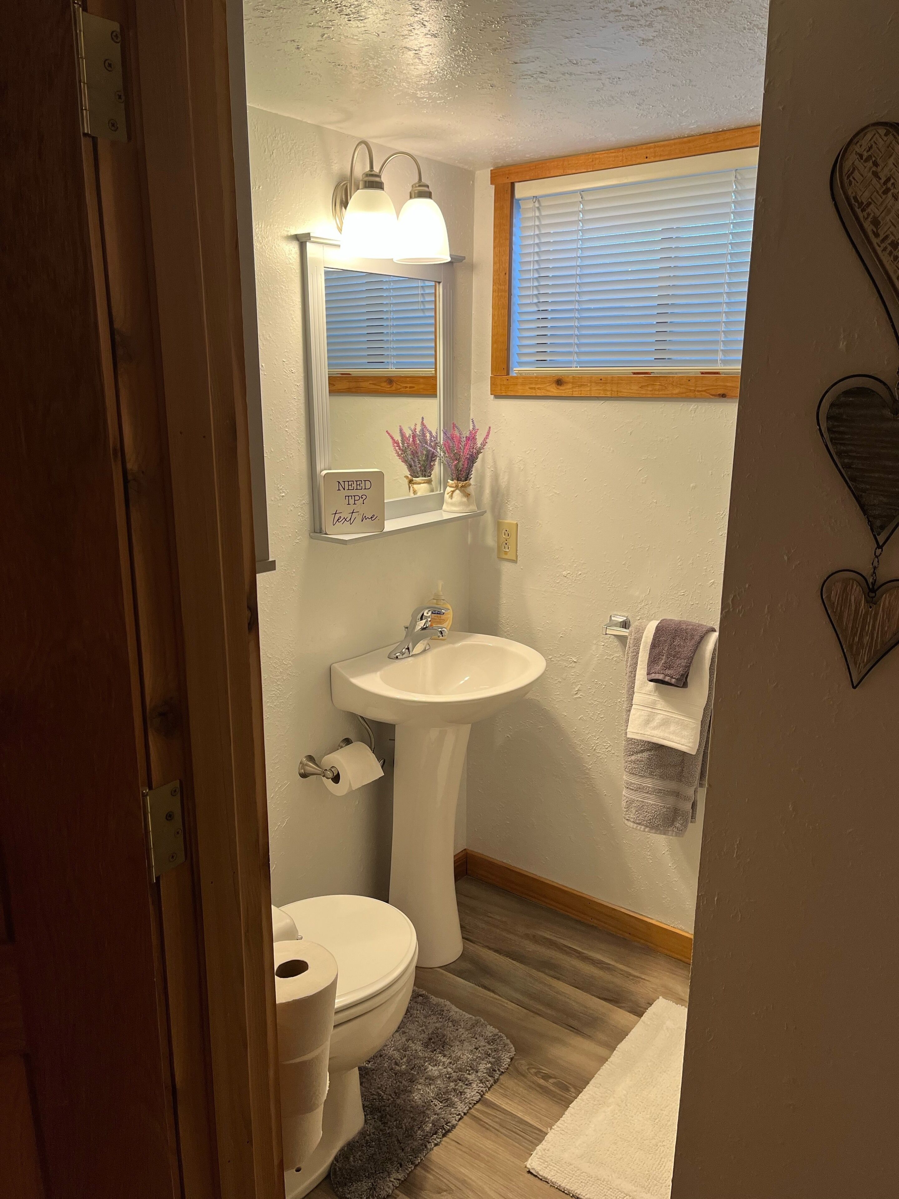 A bathroom with a pedestal sink, toilet, and a mirror with a light fixture.