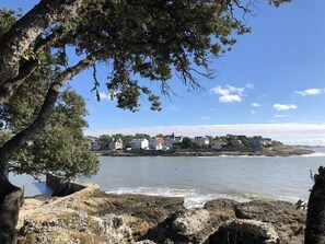 A coastal town with historic buildings along the waterfront, rocky shores, and a clear blue sky.