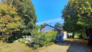 A house with a blue roof and white walls, surrounded by trees and a gravel driveway.