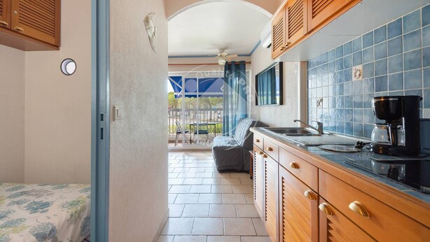 A compact kitchen with wooden cabinets, a sink, and a coffee maker. - AS21387-Studio cabin and private parking 200m sea (LE GRAU DU ROI)