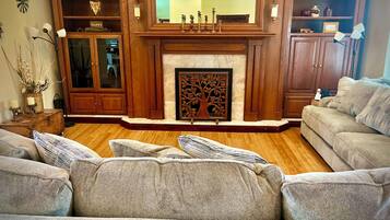 Smart TV, caminetto, libri