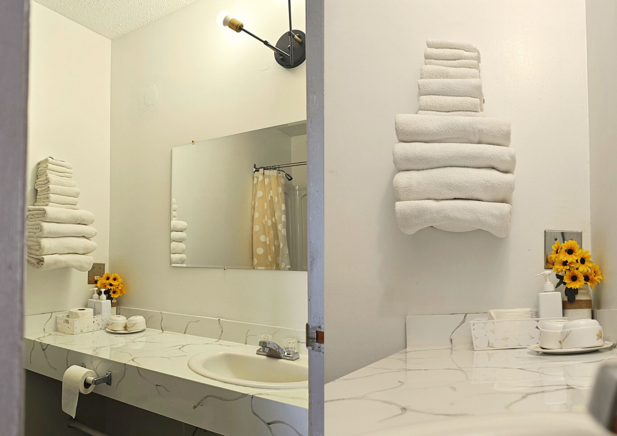 Combined shower/bathtub, towels, soap, shampoo