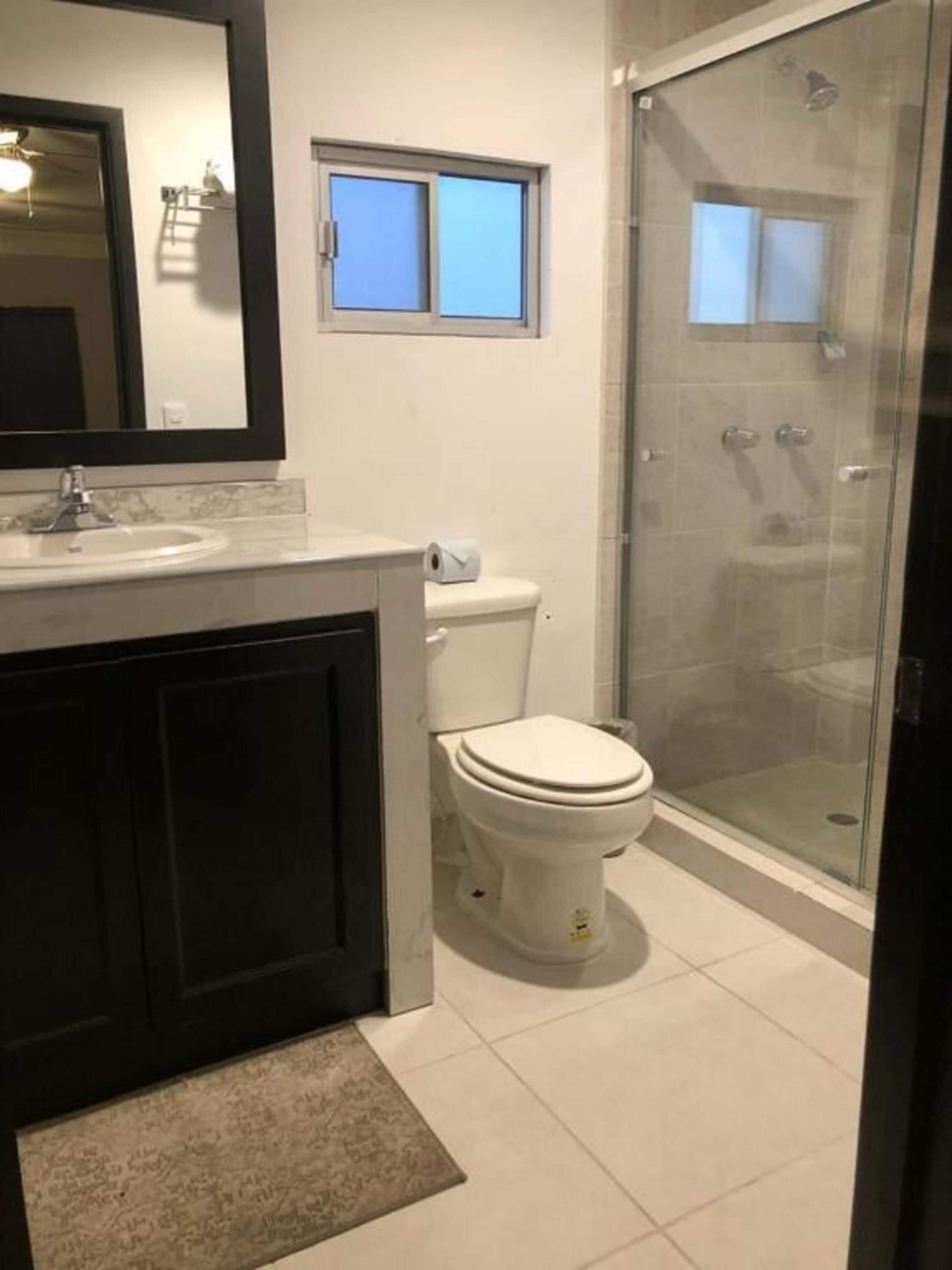 A modern bathroom with a toilet, a shower enclosure, and a vanity with a mirror.