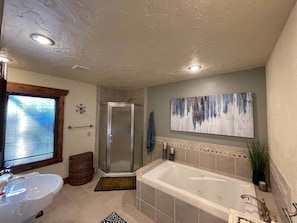 Shower, jetted bath, hair dryer, towels