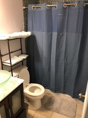 Een compacte badkamer met douchegordijn, toilet, een plankje met toiletartikelen en een klein tapijt.