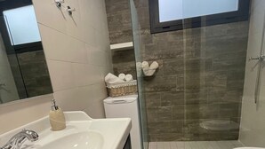 A modern bathroom with a large white sink, a glass shower enclosure, and a toilet.