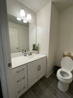 A modern bathroom with a white vanity, a large mirror, a sink, and a toilet.