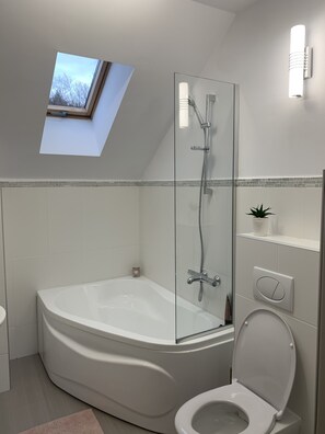 Combined shower/tub, hair dryer, towels, soap