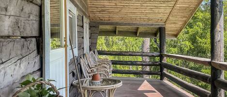 A wooden porch with wicker furniture, a potted plant, and a view of greenery.