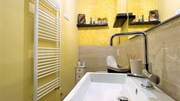 Regadera, secadora de cabello, bidet, toallas