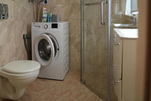 Bathroom features a toilet, sink, and glass shower enclosure.