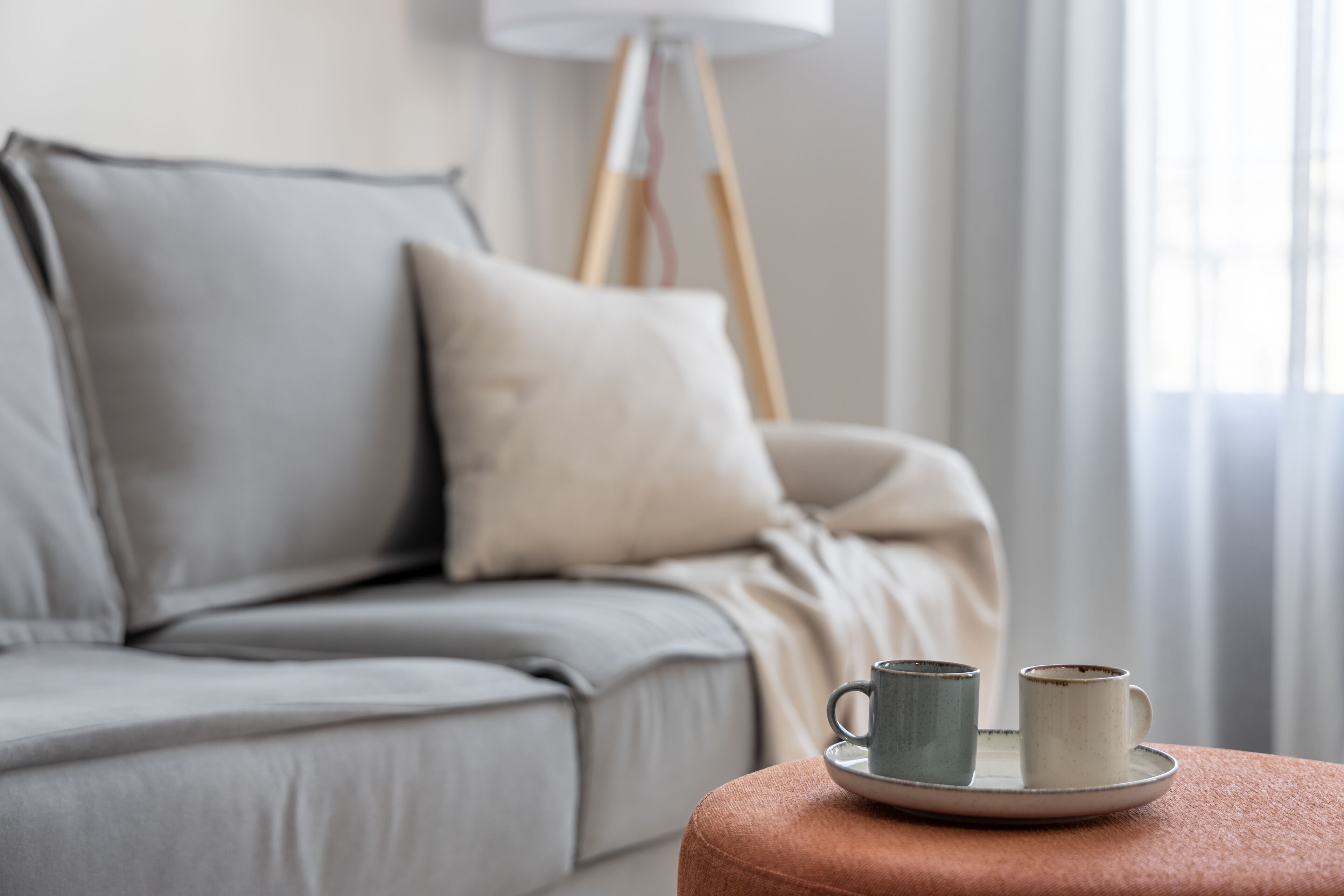 A modern living room with a grey sofa, a floor lamp, and a small table with two cups.