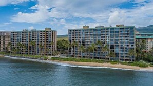 Et hotel ved stranden med flere høje bygninger, palmer og en klar havudsigt.