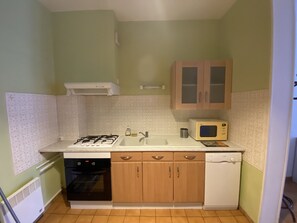 Fridge, microwave, oven, stovetop - Central Apartment with Balcony, Wi-Fi & Dishwasher - Near Shops & Spa (La Roche-Posay)