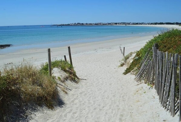 A sandy beach path leading to the ocean with a wooden fence on one side and vegetation on the other.