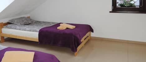A small, single-room accommodation with two wooden beds, each with a purple bedspread and pillows.