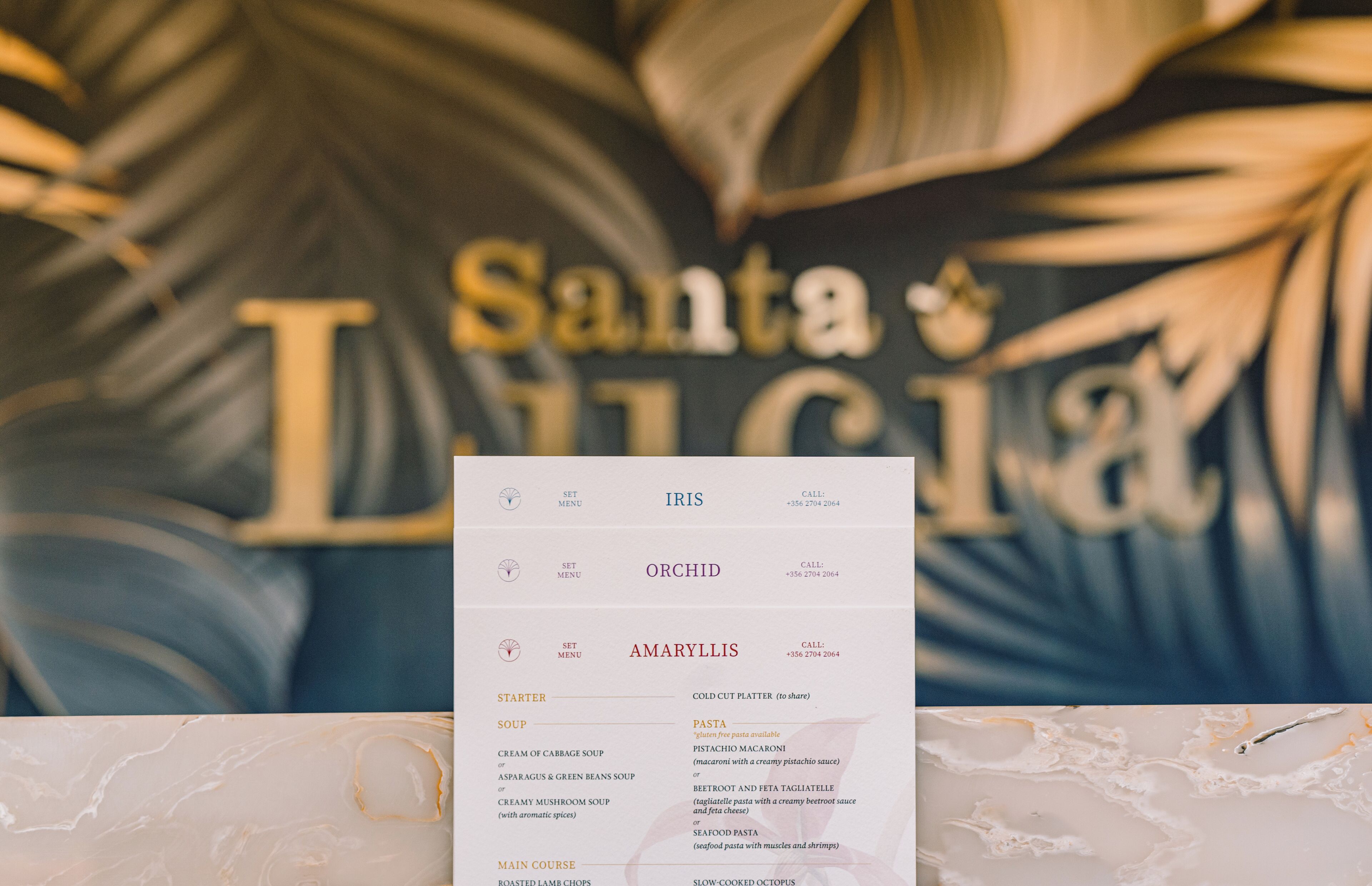 Un menu proposant des options telles que « ENTRÉE », « SOUPE », « CÔTELETTES D’AGNEAU RÔTIES » et « PLAT PRINCIPAL ».