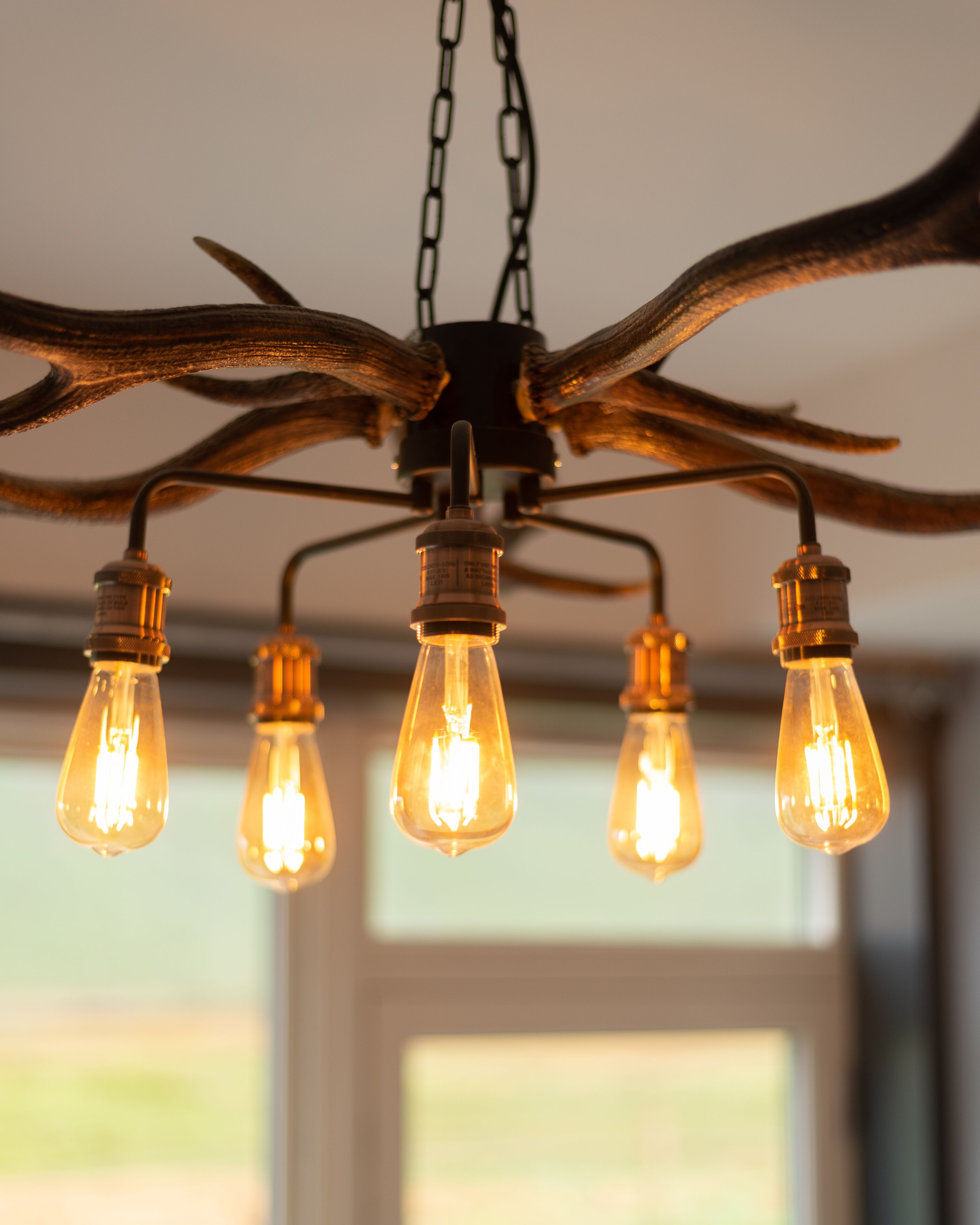 A chandelier with five light bulbs and antler-shaped metal arms.