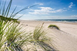 A beach with sand dunes and grass in the foreground, leading to the ocean. - Half of holiday home, terrace, playground (Rowy)