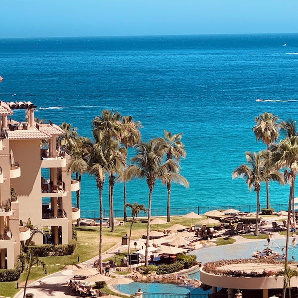 A resort with a pool, palm trees, and a view of the ocean.