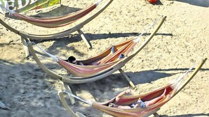 Three hammocks tied to a wooden frame on a sandy beach.