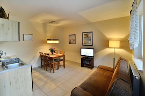 A compact living space with a kitchenette, dining area, and a TV.