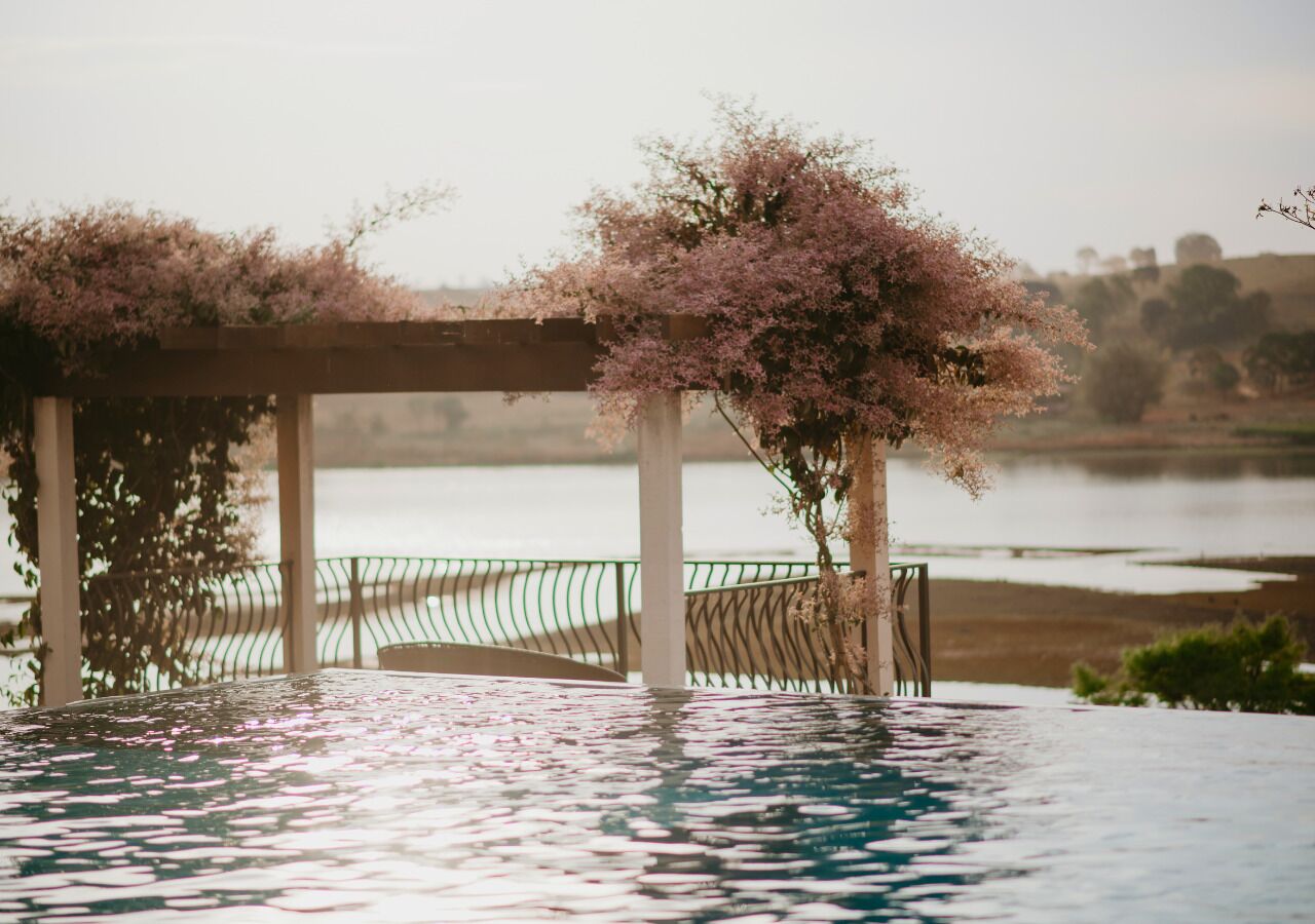 Una piscina infinita con una pérgola y flores de cerezo, con vistas a un cuerpo de agua.
