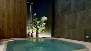 A hot tub with a tiled edge, surrounded by potted plants and a wooden wall. - Easy Rent Apartments - CRYSTAL (Lublin)
