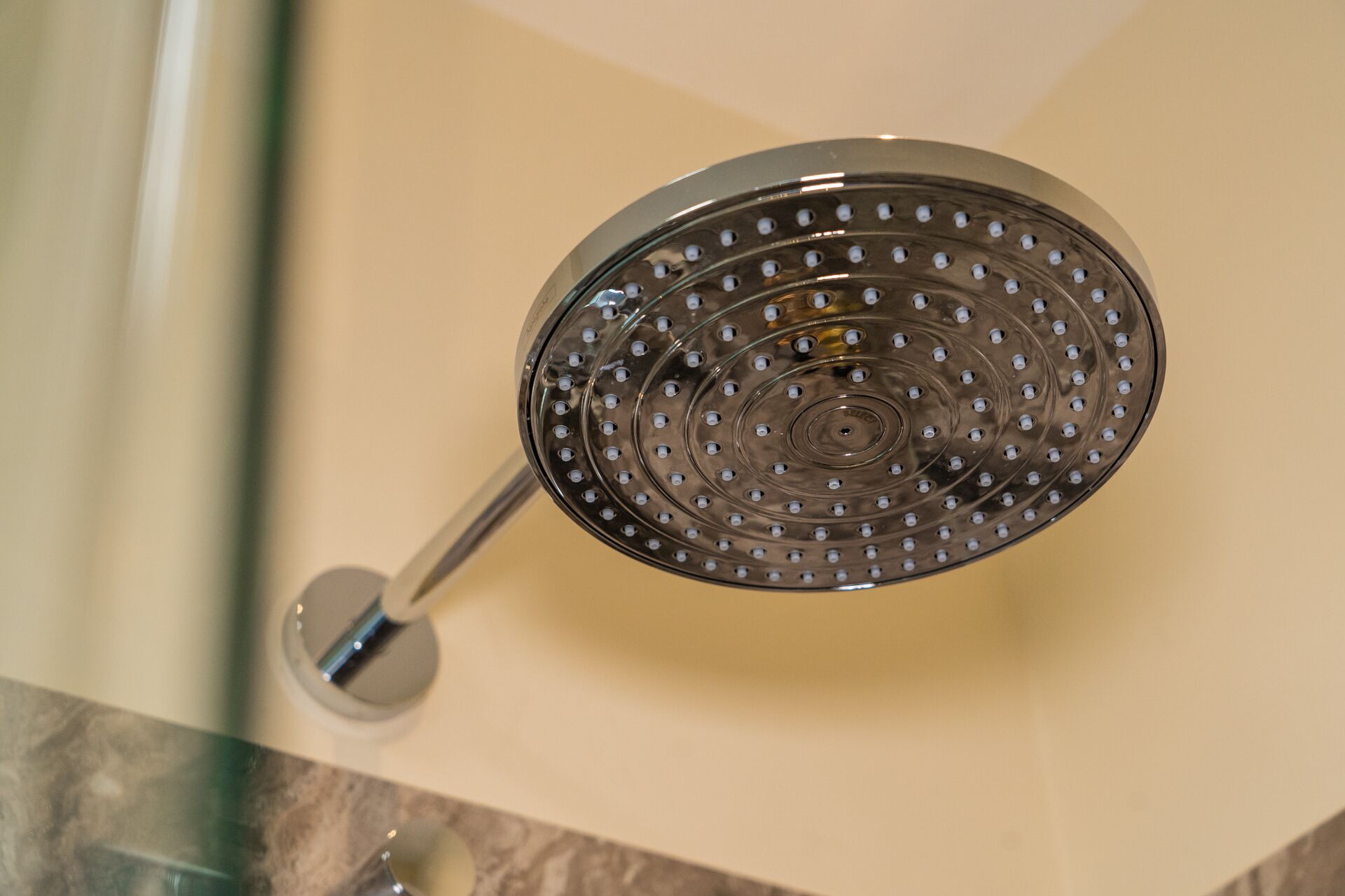 A showerhead with a circular design and multiple holes.