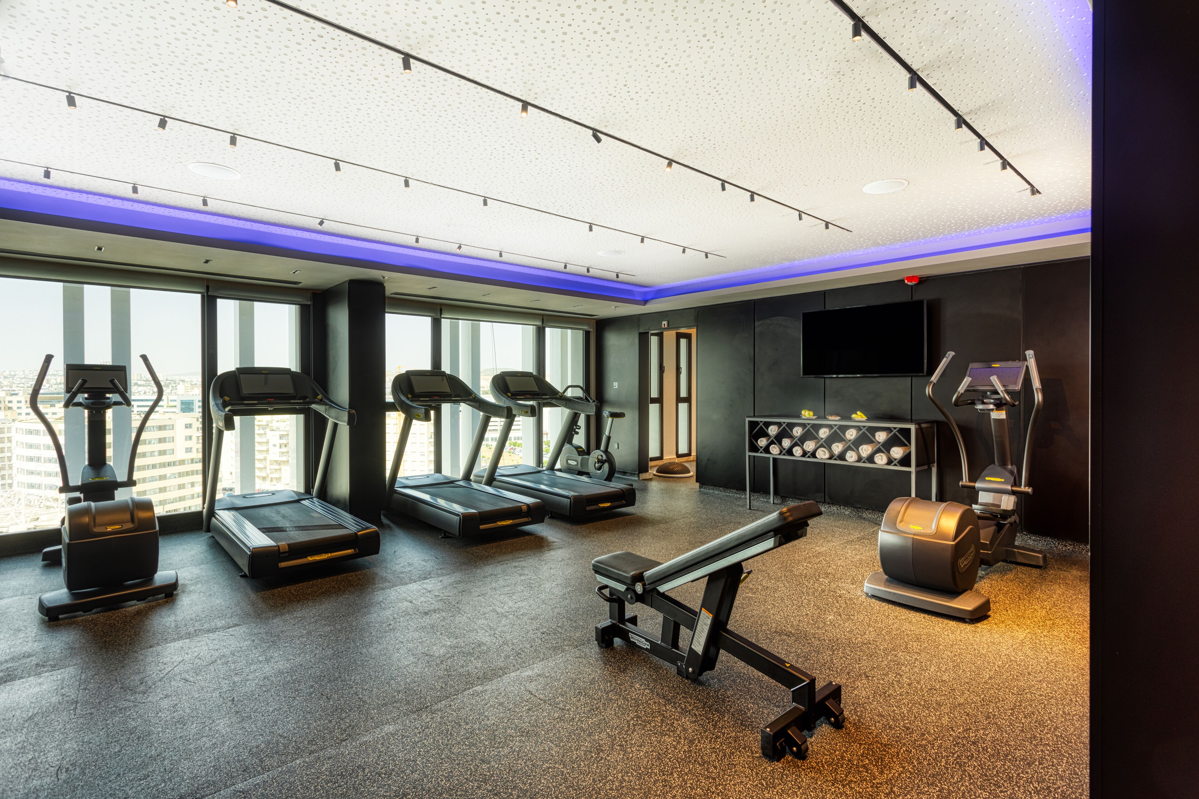 A modern gym with treadmills, stationary bikes, and weight machines.