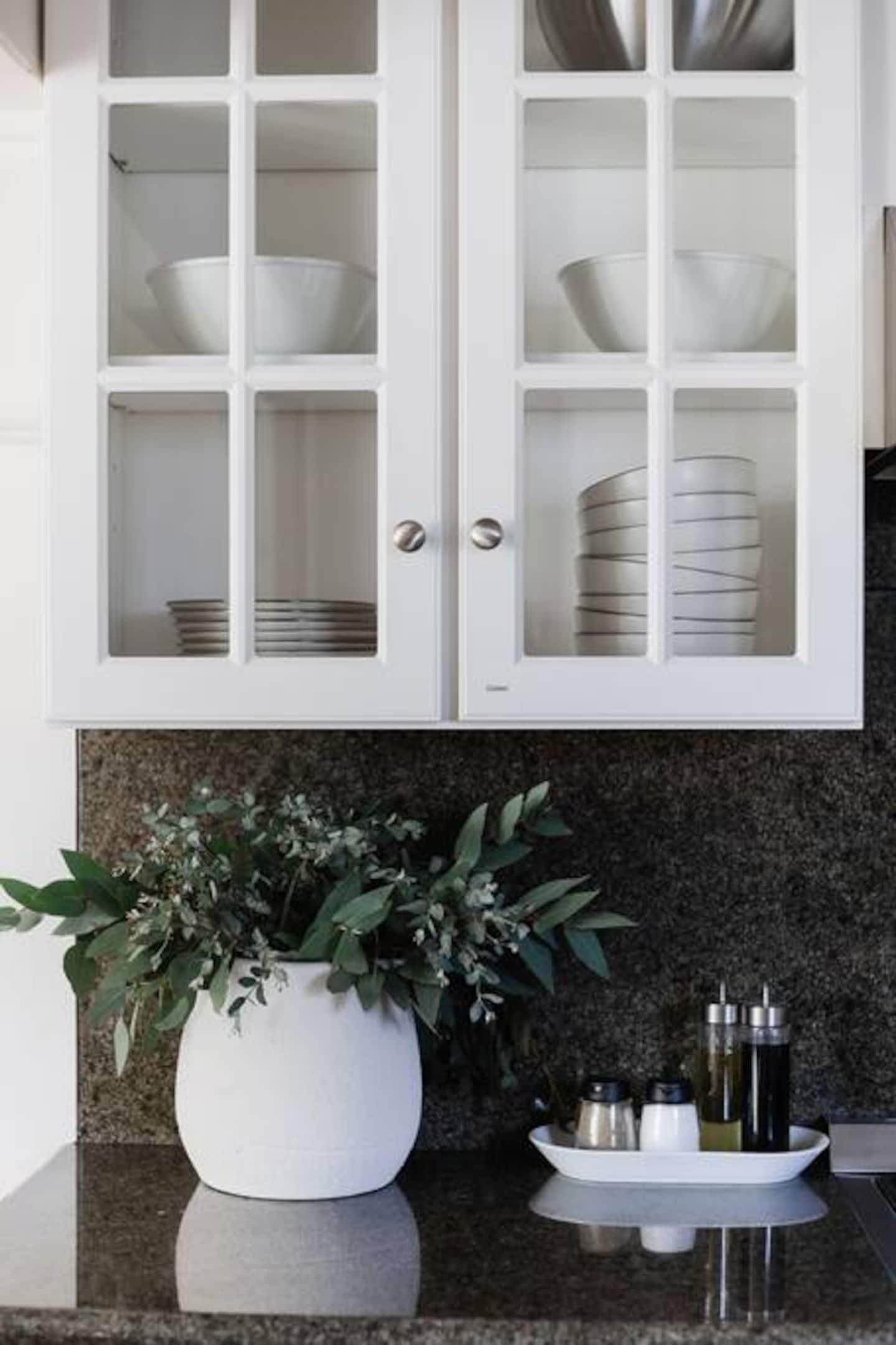 A kitchen with white cabinets, a granite countertop, a potted plant, and a tray with kitchen utensils.