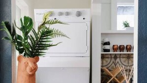 A kitchen with a white stove, a potted plant, and a shelf with decorative items. There are two woven stools in front of the kitchen. - | The Jungle Bungalow | Downtown Chico | (Chico)
