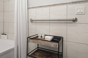 Hair dryer, towels, soap, shampoo