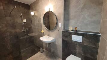 Shower, hair dryer, bathrobes, towels