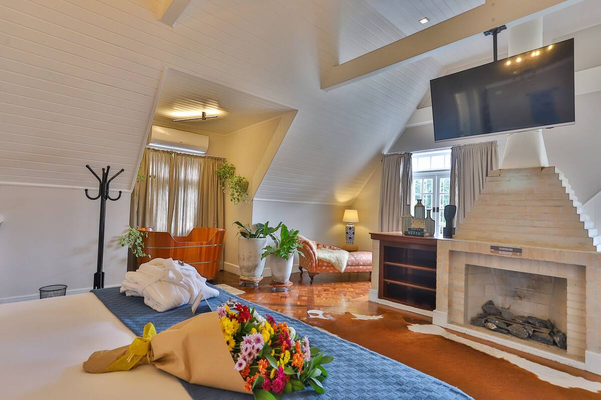 A bedroom with a bed, a coat rack, a fireplace, and a TV.