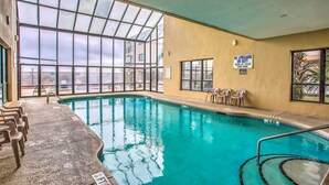 An indoor swimming pool with clear glass walls, a sign indicating no lifeguard on duty, and a 3ft depth marker. - Coastal Condo w/ Balcony in North Myrtle Beach! (North Myrtle Beach)