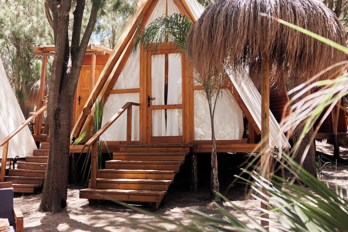 A wooden cabin with a thatched roof, surrounded by trees.