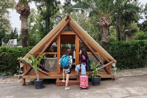 A wooden cabin with a triangular roof and glass windows, surrounded by potted plants and palm trees.