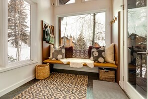 TV, fireplace, books