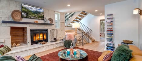 TV, fireplace, books