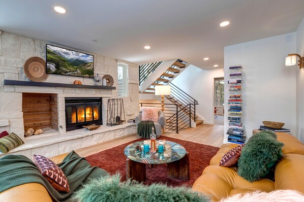 TV, fireplace, books