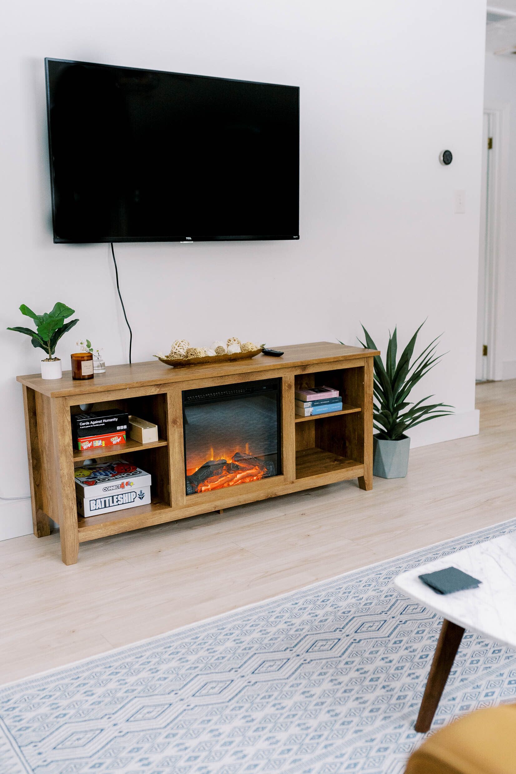 Smart TV, fireplace, Netflix, books