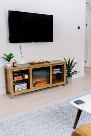 Smart TV, fireplace, Netflix, books