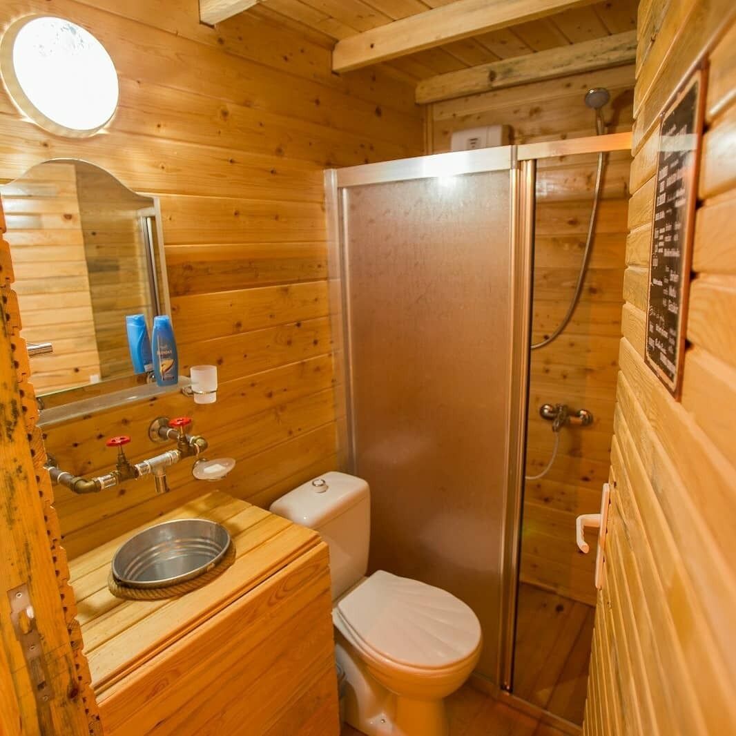Baño de cabaña de madera con lavamanos, inodoro y ducha.