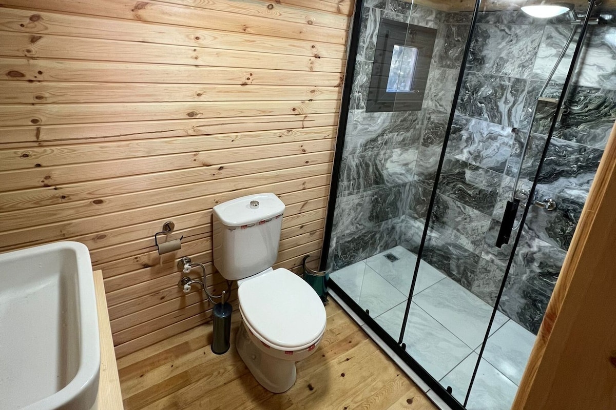 A wooden-paneled bathroom with a toilet, sink, and glass shower enclosure.