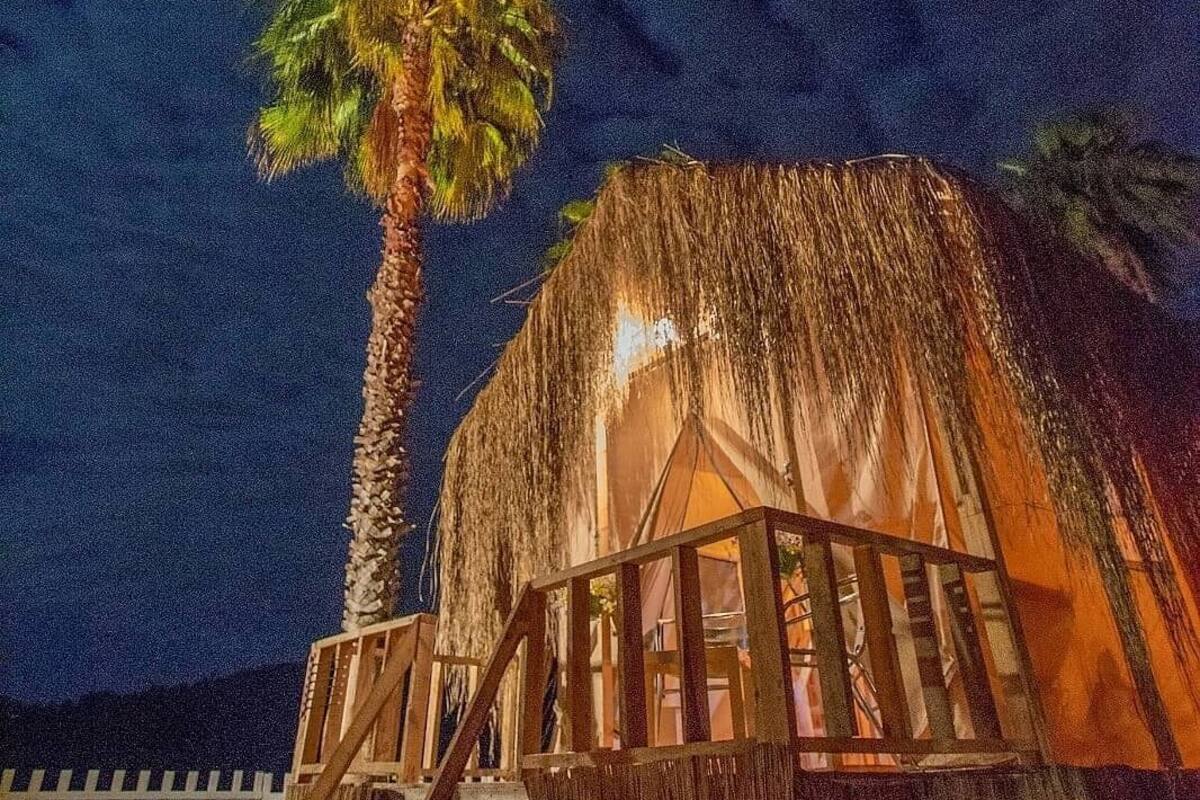 Eine strohgedeckte Hütte mit einer Holzterrasse und einer Palme im Vordergrund.