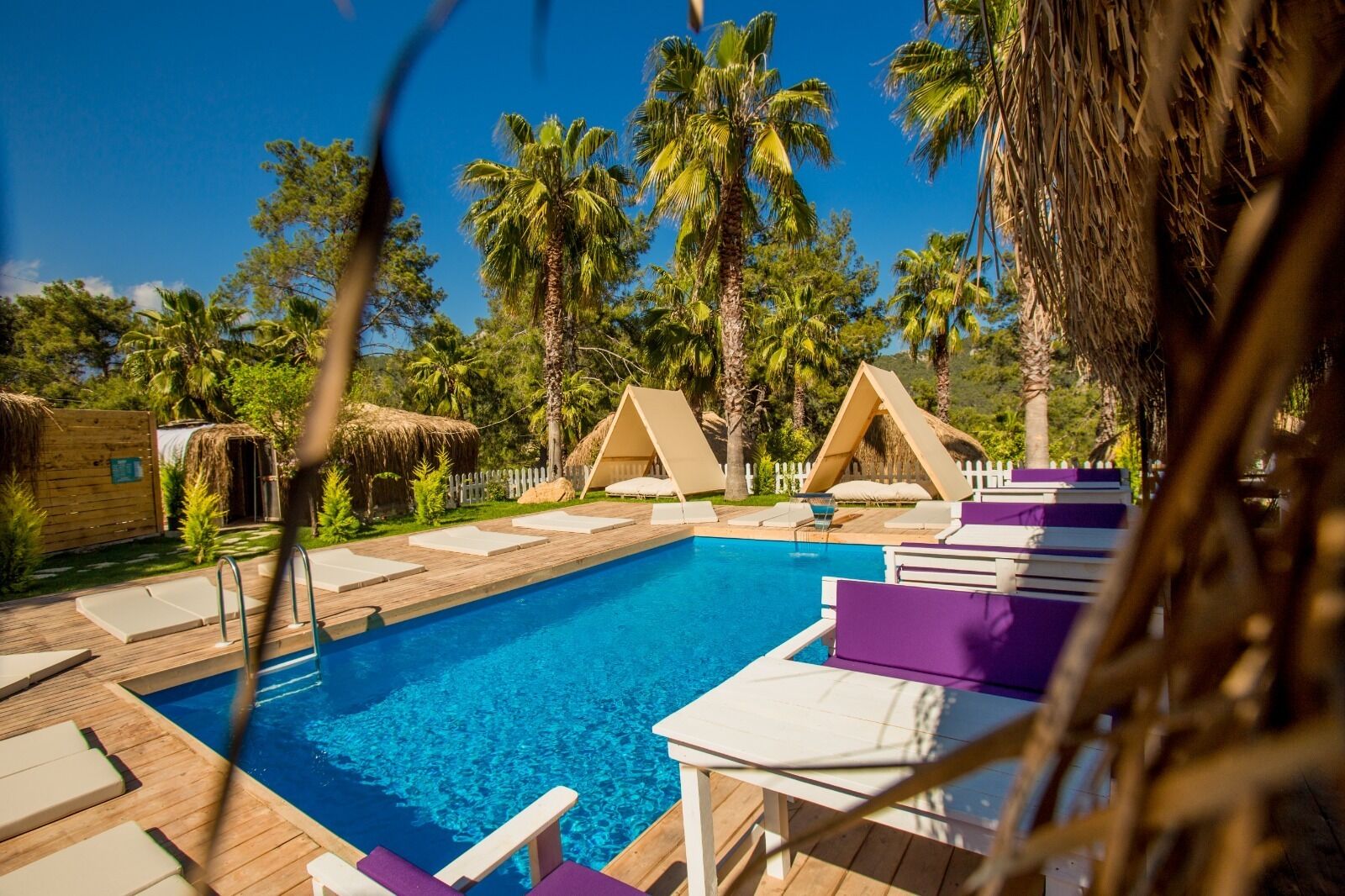 A pool area with lounge chairs and thatched-roof structures.