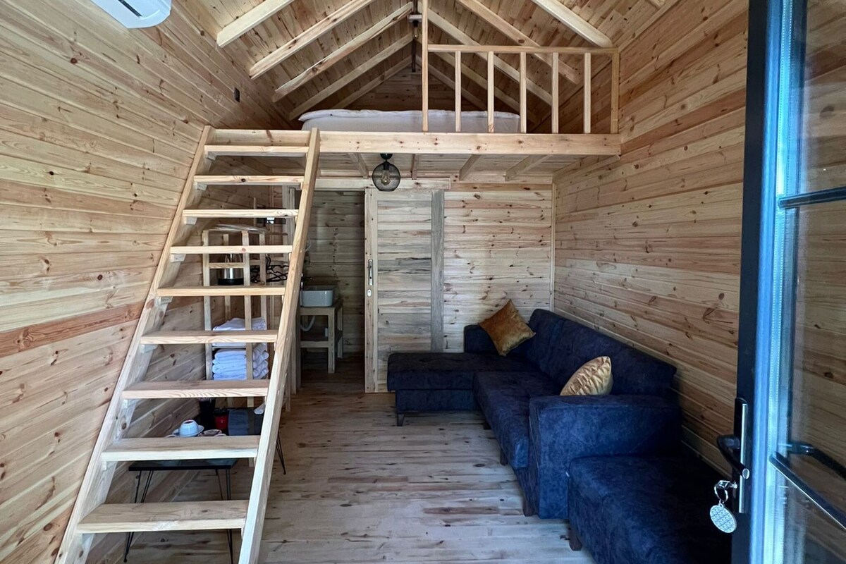 Interior de una cabaña de madera con habitación en altillo, escalera, sofá y puerta de cristal.